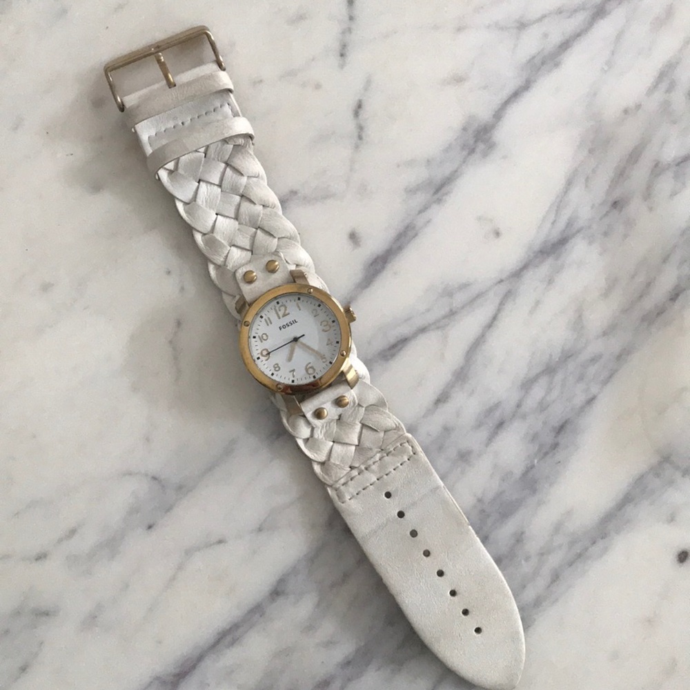 White Leather Fossil Watch with Gold Face